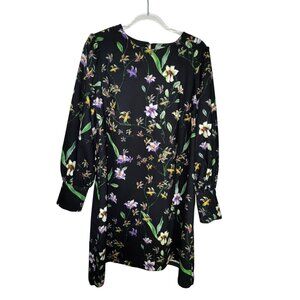 Floral Black Long-Sleeve Dress By H&M Size 14 Boho Hippie Classic Cute Large